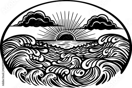 Golden waves and clouds with a large rising red sun vector illustration
