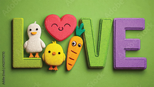 Charming claymation LOVE design with heart chick duck and carrot figurines ideal for Valentines Day and affectionate themes