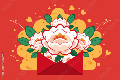 A peony flower explosion from the center of a red envelope vector illustration