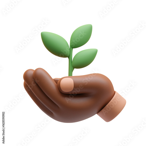 Stylized hand holding a growing plant isolated on transparent background