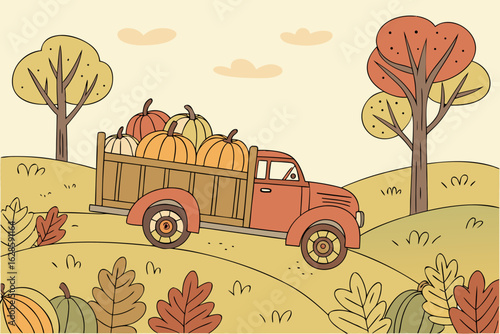 A vector background of a harvest truck full of pumpkins vector illustration