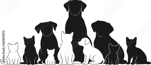 Silhouette cats and dogs group animal pet puppy kitten canine feline domestic friends
