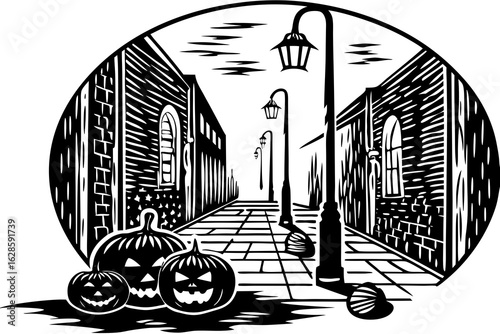 A foggy alley with glowing jack o' lanterns and dark shadows vector illustration