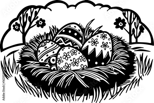 A realistic looking nest of painted Easter eggs vector illustration