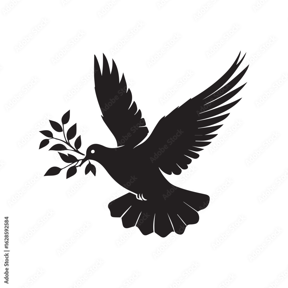 Obraz premium Vector art of a black silhouette of a dove flying with an olive branch in its beak, isolated on a white background, representing peace and hope