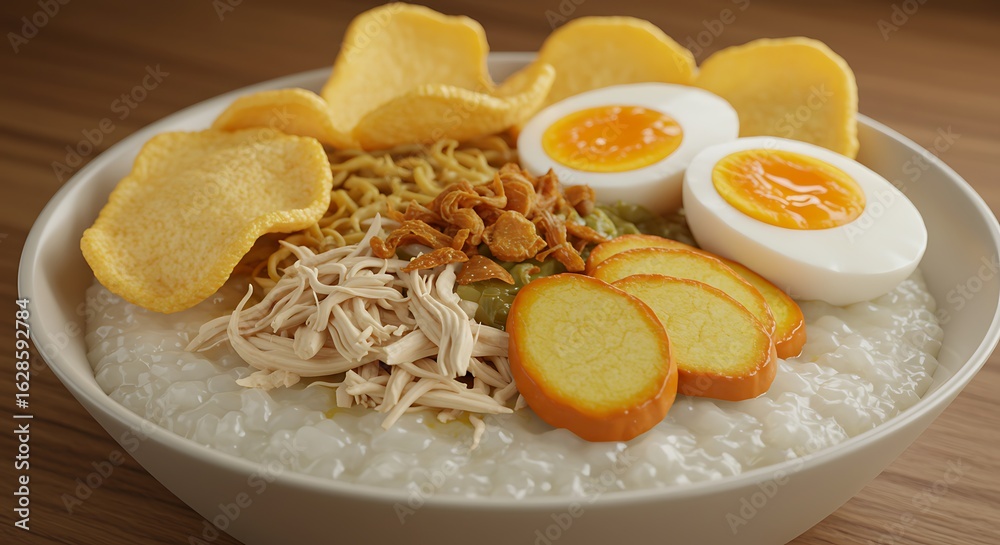 Delicious Indonesian Chicken Porridge, A Hearty Meal with Eggs and Crackers Delicious Indonesian Chicken Porridge, A Hearty Meal with Eggs and Crackers