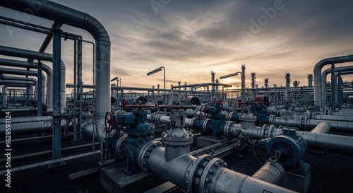 Wallpaper Mural Industrial oil refinery at dawn.  Metal pipes, valves, and machinery fill the scene Torontodigital.ca