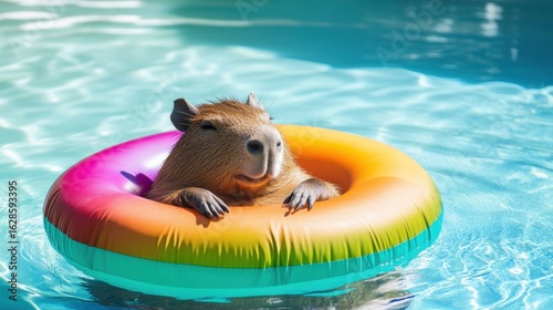 Happy capybara floating in colorful inflatable ring, crystal-clear pool water, relaxed smiling face, festive, holiday summer, kawaii animal trend, pool party, greeting card design, creative, funny.