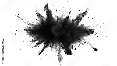 Abstract powder splatted on white background, Black vibrant paint black powder explosion with dark colors isolated white background.