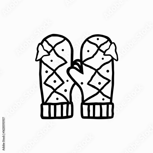 Stylized pair of winter mittens with a playful pattern in a line art style
