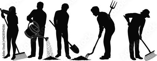 PrintSilhouette of gardeners working with tools, farming activity, agriculture labor, watering plants, raking soil, 