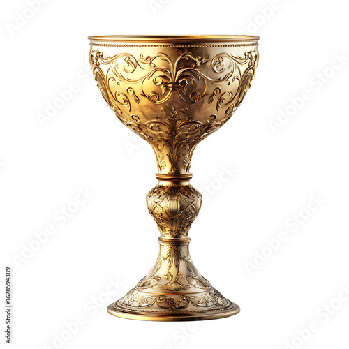 Ornate Gold Chalice:  Elegant, Luxurious, Religious Symbol, 3D Render, Isolated on transparent.