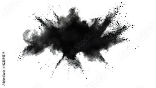 Black color powder explosion isolated on white background. Black dust flying, effect explode isolated on white background. Black sand flying explosion on a white transparent background. 