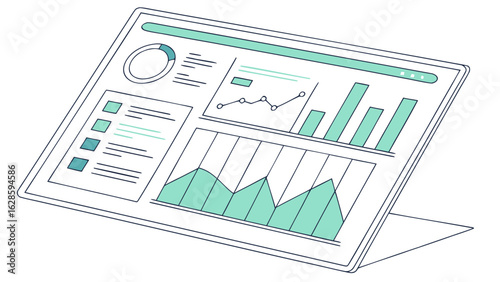 Tablet displaying various charts and graphs including bar line and pie charts in a minimalist style design