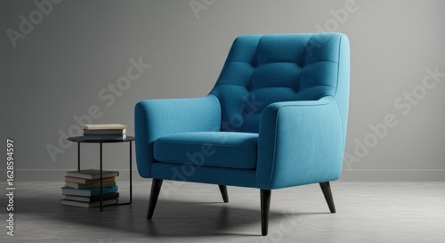 A modern, teal armchair stands beside a small table with books.