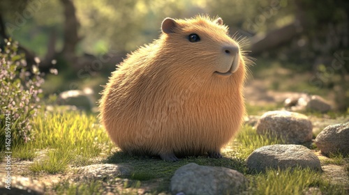 Fluffy cute capybara, round friendly shape, soft warm colors, kawaii art, big gentle eyes, viral animal trend, huggable rodent, copy space, capibara, nature background, cartoon, 3D, card, merch.