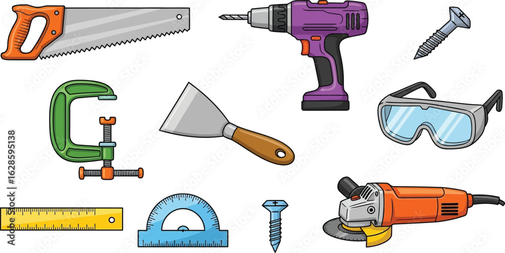 Fototapeta premium Tools illustration set hand saw drill angle grinder and more tools
