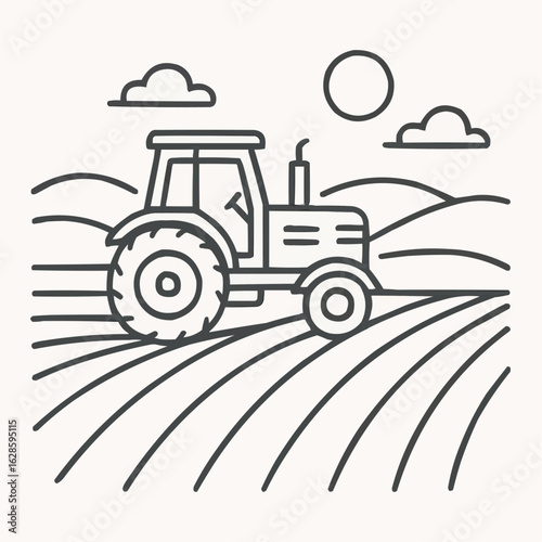 Tractor working in fields with hills and sun in background  