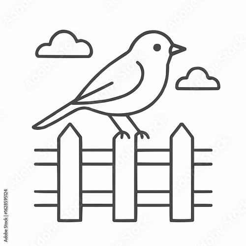 Bird perched on wooden fence with clouds in simple line art  