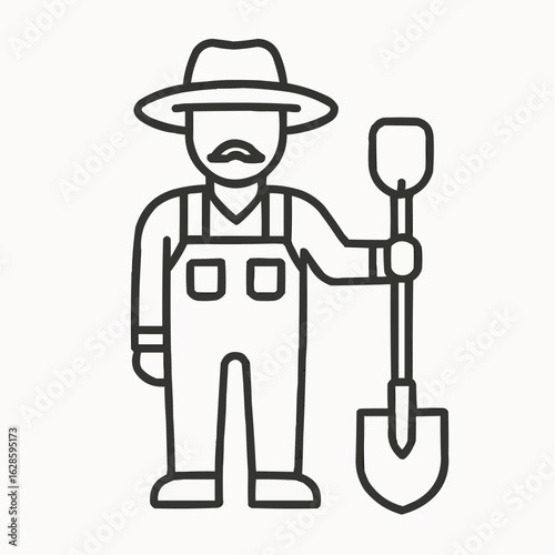 Farmer holding a shovel and wearing a hat in simple outline style  