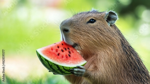Cute capybara biting juicy watermelon slice, fresh summer backdrop, green grass, blurred background, vibrant vibe, kawaii animal trend, fruit snack, copy space, greeting card design, summer