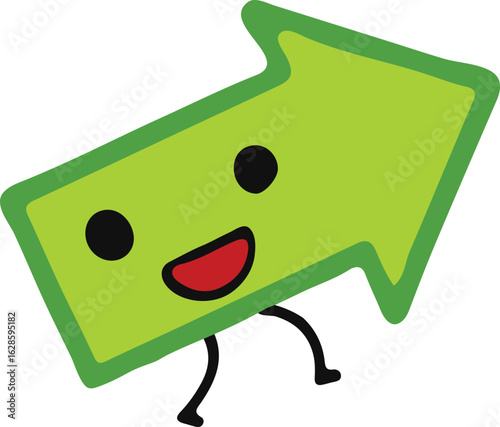 A Cheerful Animated Green Arrow Icon with a Playful Face, Energetic Personality, and Directional Movement