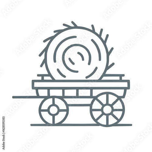 Hay bales on wooden cart in simple line art style  