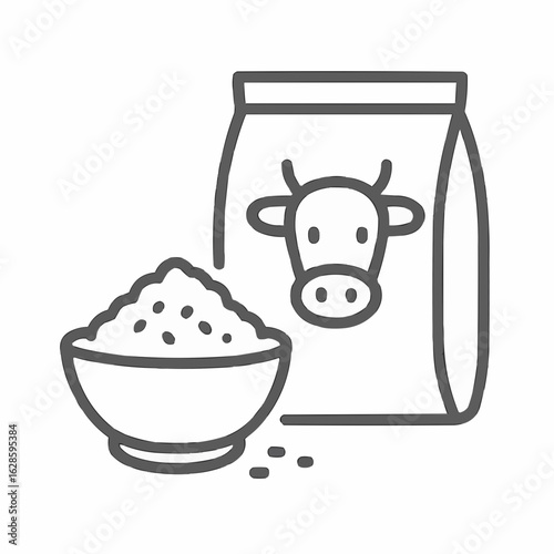 Milk powder package with cow illustration and bowl of powder  
