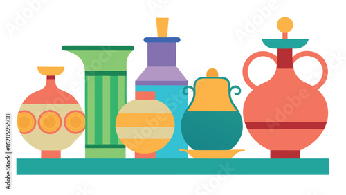 Collection of decorative vases and pottery on a shelf, isolated on white background