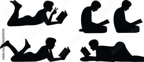 PrintVector silhouettes of people reading books in various positions, lying down, sitting, studying, leisure, education concept for creative illustration
