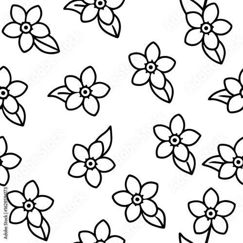 Seamless pattern of simple outline flowers with leaves on a white background