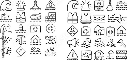 Tsunami and Flood Safety Icons.