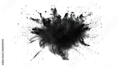 Black color powder explosion isolated on white background. Black dust flying, effect explode isolated on white background. Black sand flying explosion on a white transparent background. 