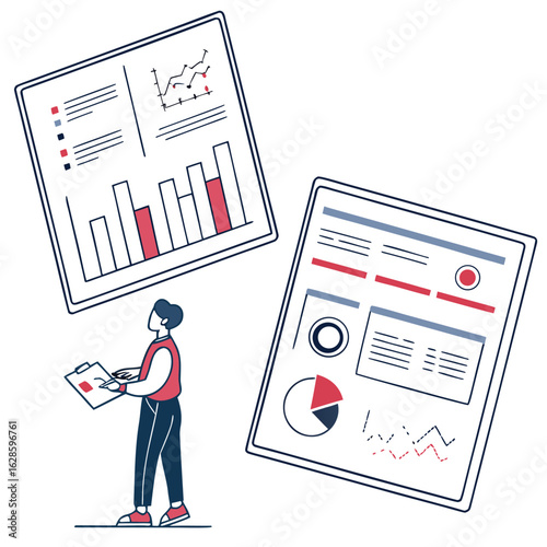 A person analyzing data charts and graphs on floating screens with a clipboard in their hands standing up