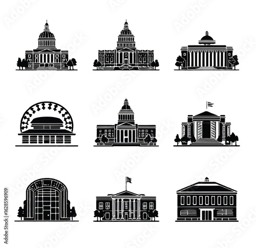 Collection of Governmental Buildings Silhouettes including capitols and courthouses in simple black and white design