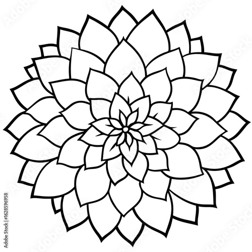 Intricate black and white floral mandala design with layered petals radiating from the center