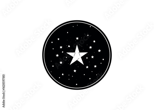 Circular emblem featuring a large white star amidst many small stars silhouette