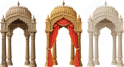 PrintTraditional Indian arches, ornate architecture, cultural heritage design, temple gateway, royal structure, ceremonial arch, decorative pillars, curtain drapery, historical art