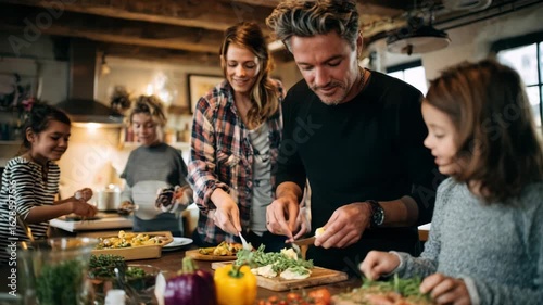 A happy family including parents and children prepares healthy food together in a bright kitchen emphasizing shared activities and well-being