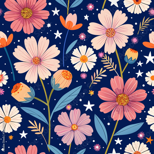 Whimsical floral pattern with pink and white cosmos flowers and stars on a dark blue background