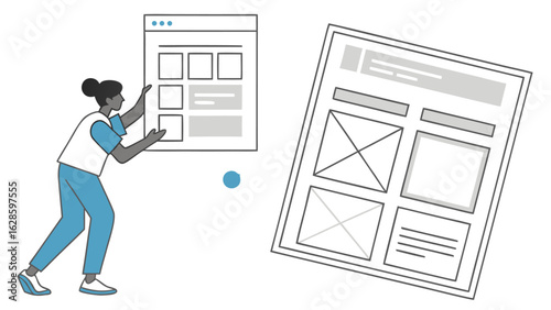 Woman arranging website layout elements with wireframe and design interface on a white background space