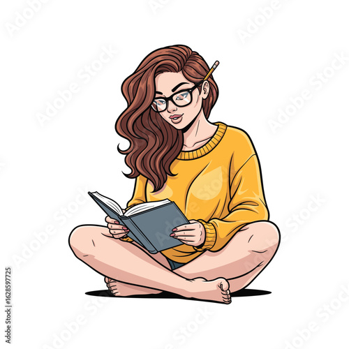 Curvy Nerd Girl Reading Alone