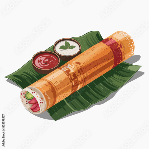 Masala Dosa with Chutneys on Banana Leaf – Vector Illustration