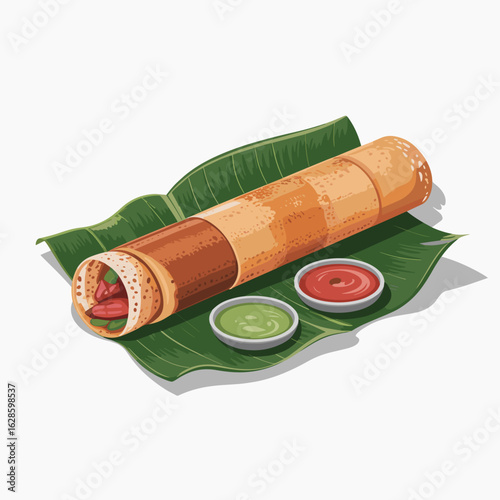 Masala Dosa with Chutneys on Banana Leaf – Vector Illustration