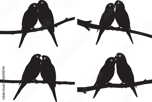 Four pairs of lovebirds perched on branches silhouette