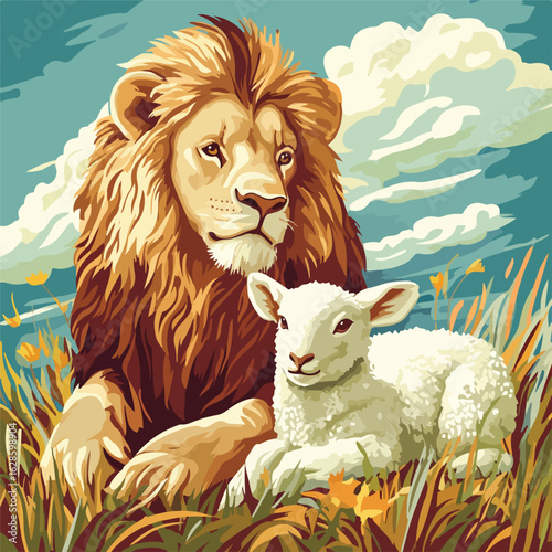 Christian Parable Lion Lamb Vector Illustration