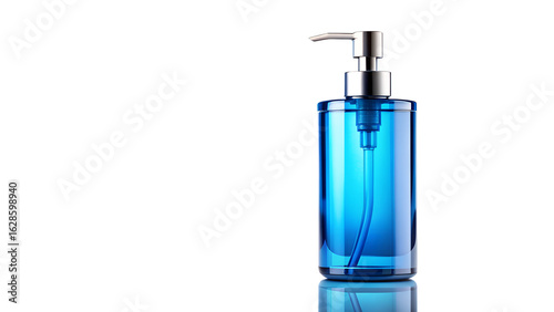 Photo of blue glass liquid soap dispenser with a silver pump isolated on transparent background, used for hand washing and personal hygiene