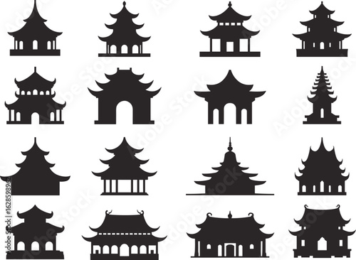 Asian architecture silhouettes showcasing pagodas, temples, tiered roofs, traditional buildings, cultural heritage elements for clipart, design, illustration use.