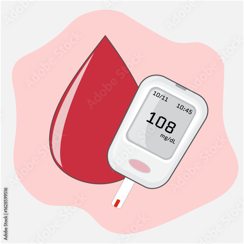 Banner, glucometer to check blood sugar level, vector, drop of blood, light background
