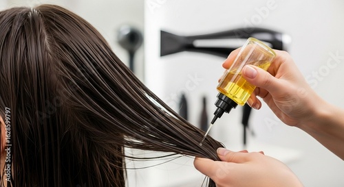 Applying Hair Oil: A close-up of a hand applying hair oil treatment to wet dark hair in a salon. Hair care, beauty treatment, and salon concept.